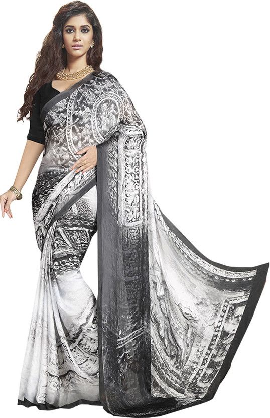 Printed Bollywood Satin Saree  (Black)