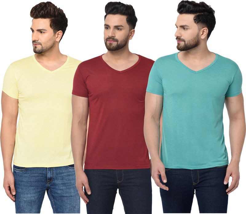 Pack of 3 Men Solid V Neck Cotton Blend Blue, Maroon, Yellow T-Shirt