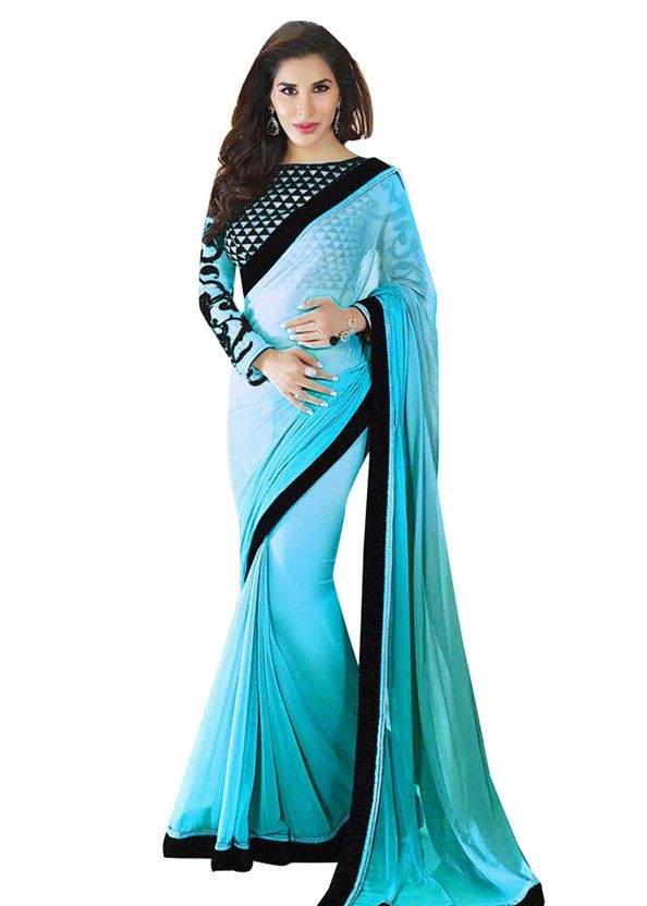 Printed Bollywood Handloom Georgette Saree  (Light Blue, Black)