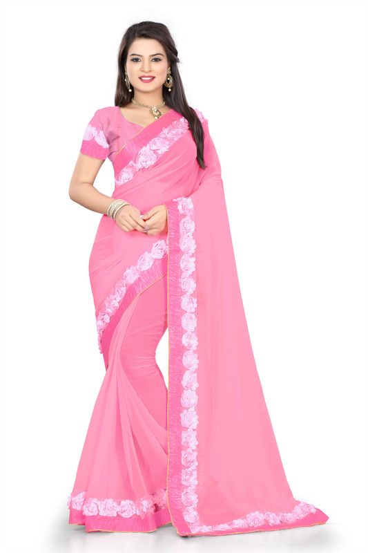 Self Design, Printed, Embroidered, Woven Bollywood Georgette Saree  (Pink)