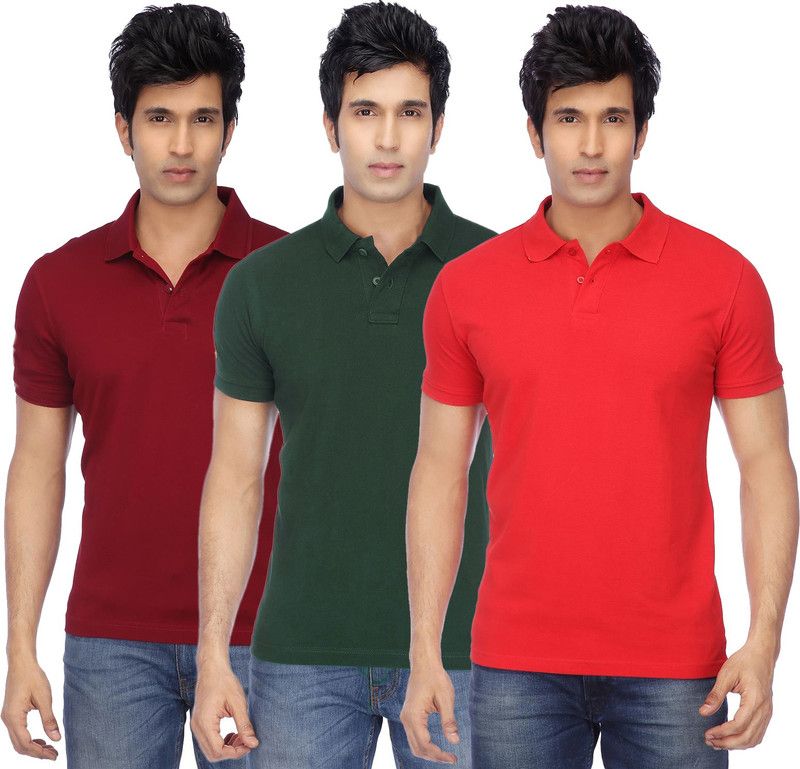 Pack of 3 Men Solid Polo Neck Cotton Blend Red, Green, Maroon T-Shirt