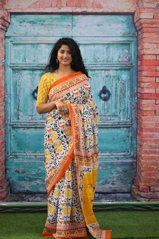Blocked Printed, Color Block, Digital Print, Dyed, Geometric Print, Printed Daily Wear Pure Cotton Saree  (Orange)
