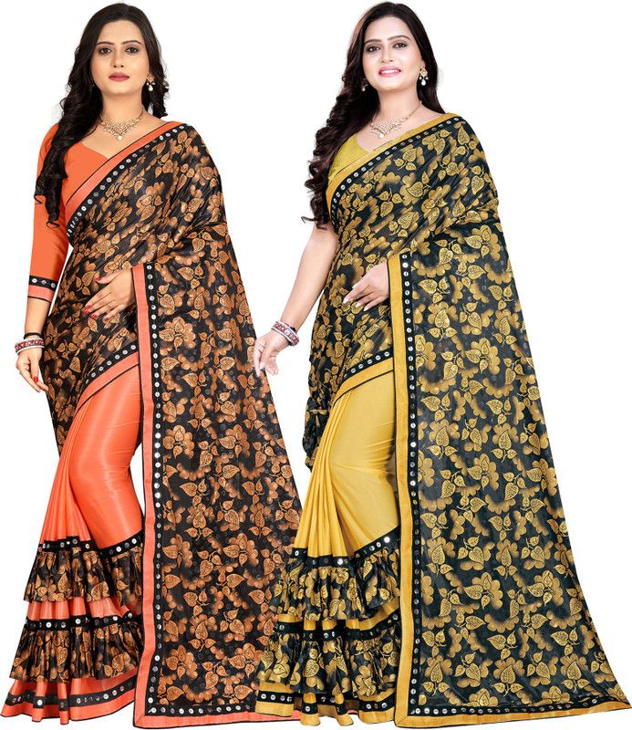 Embellished, Floral Print Bollywood Lycra Blend Saree  (Pack of 2, Orange, Mustard)