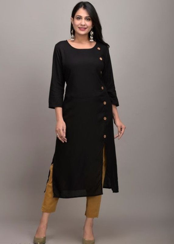 Women Solid Cotton Rayon Frontslit Kurta  (Black)