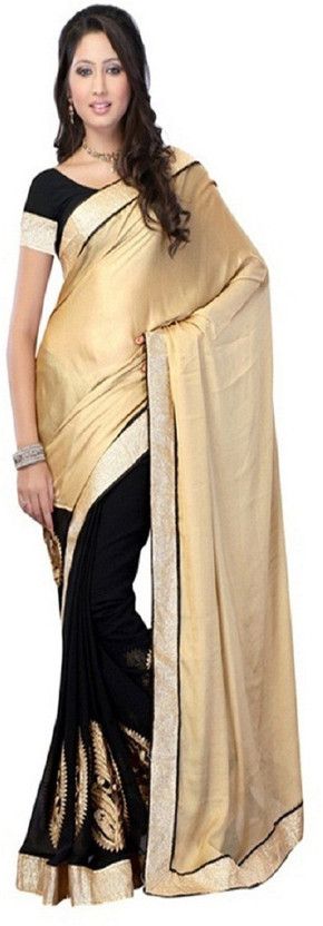 Embroidered Bollywood Handloom Satin Saree  (Gold, Black)
