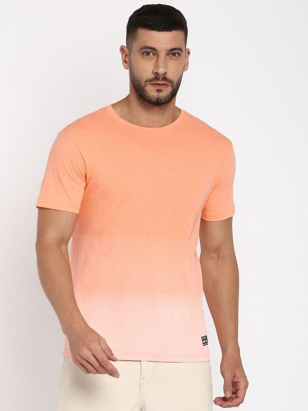 Men Color Block Round Neck Pure Cotton Orange T-Shirt