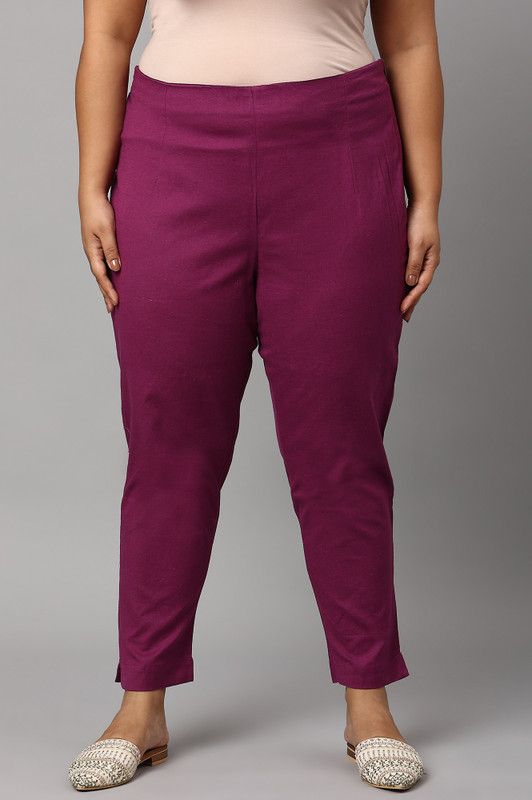 Women Slim Fit Purple Cotton Silk Trousers