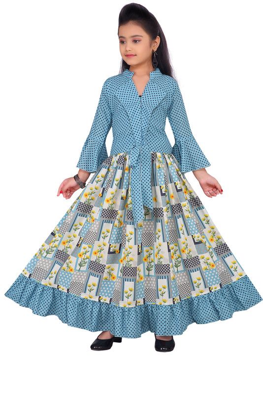 Girls Maxi/Full Length Party Dress  (Light Blue, 3/4 Sleeve)