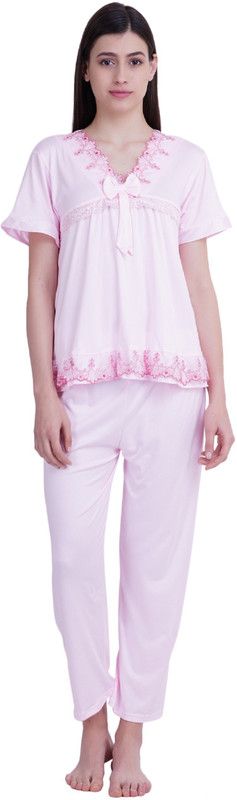 Women Top & Pyjama Set Pink Self Design