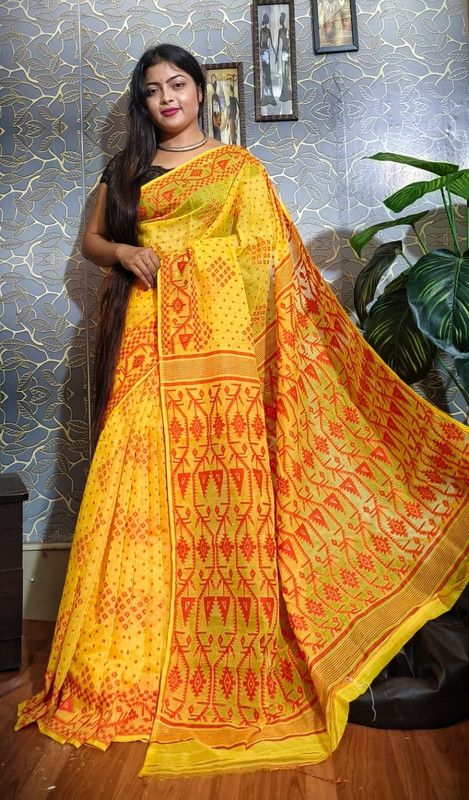 Woven Jamdani Cotton Blend Saree  (Multicolor)
