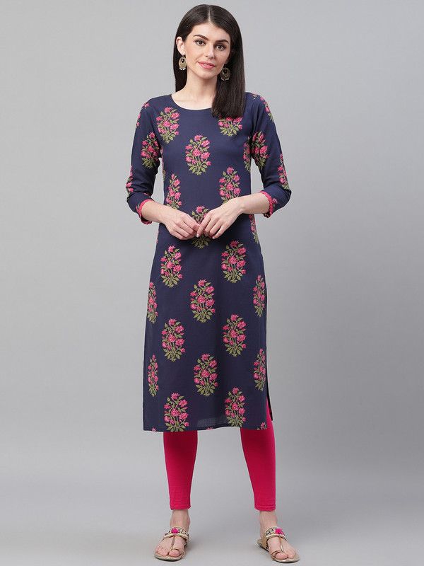 Women Floral Print Cotton Blend Straight Kurta  (Dark Blue)