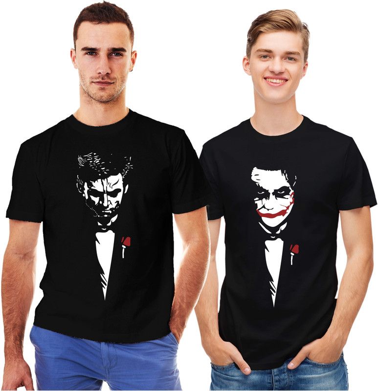 Pack of 2 Men Printed Round Neck Cotton Blend Black T-Shirt