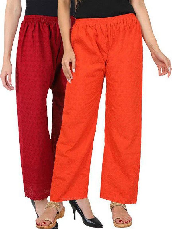 Pack of 2 Women Regular Fit Maroon, Orange Cotton Blend Trousers