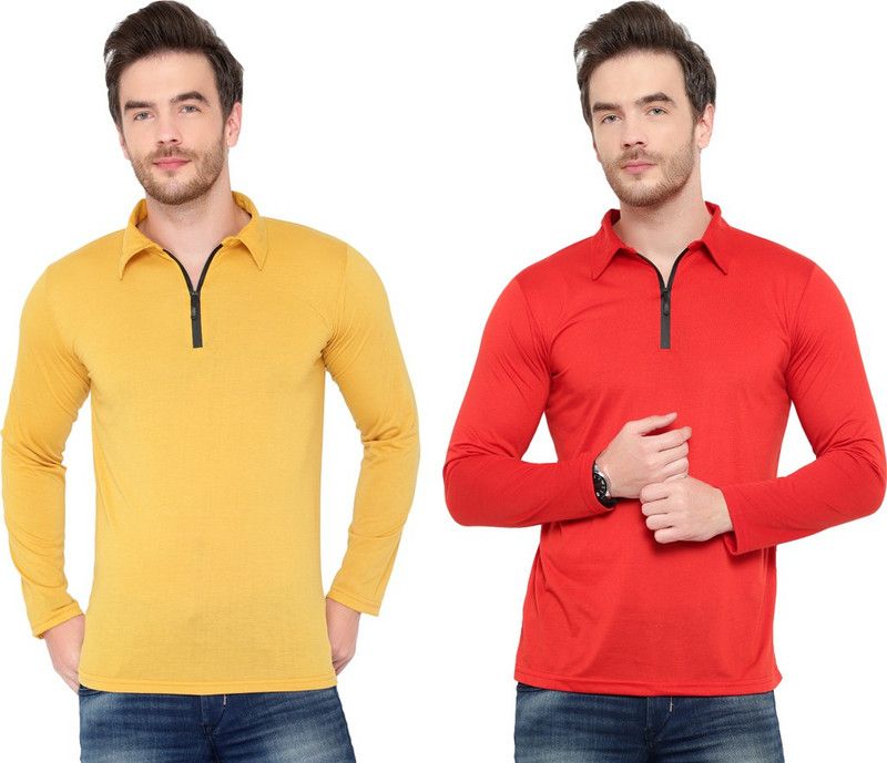 Pack of 2 Men Solid Polo Neck Cotton Blend Red, Gold T-Shirt