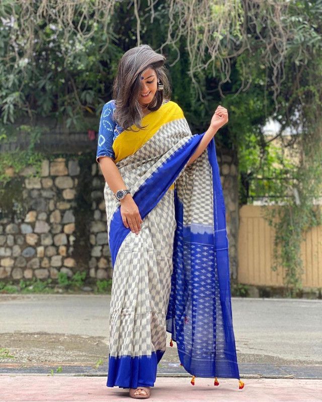 Printed Daily Wear Pure Cotton Saree  (White)