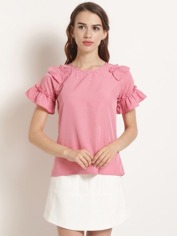 Casual Ruffled Sleeves Embellished, Solid Women Pink Top