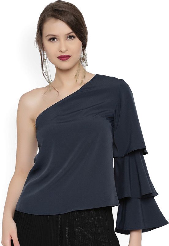 Party Flute Sleeves Solid Women Dark Blue Top