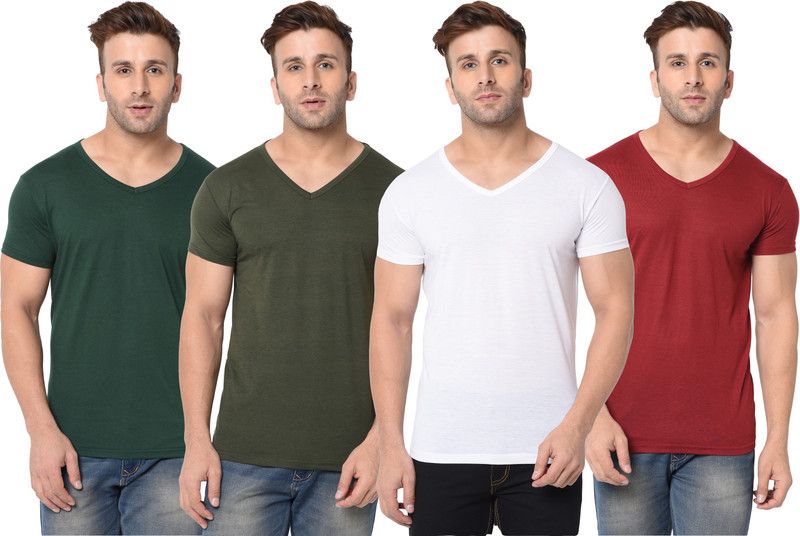 Pack of 4 Men Solid V Neck Cotton Blend Red, Green, White T-Shirt