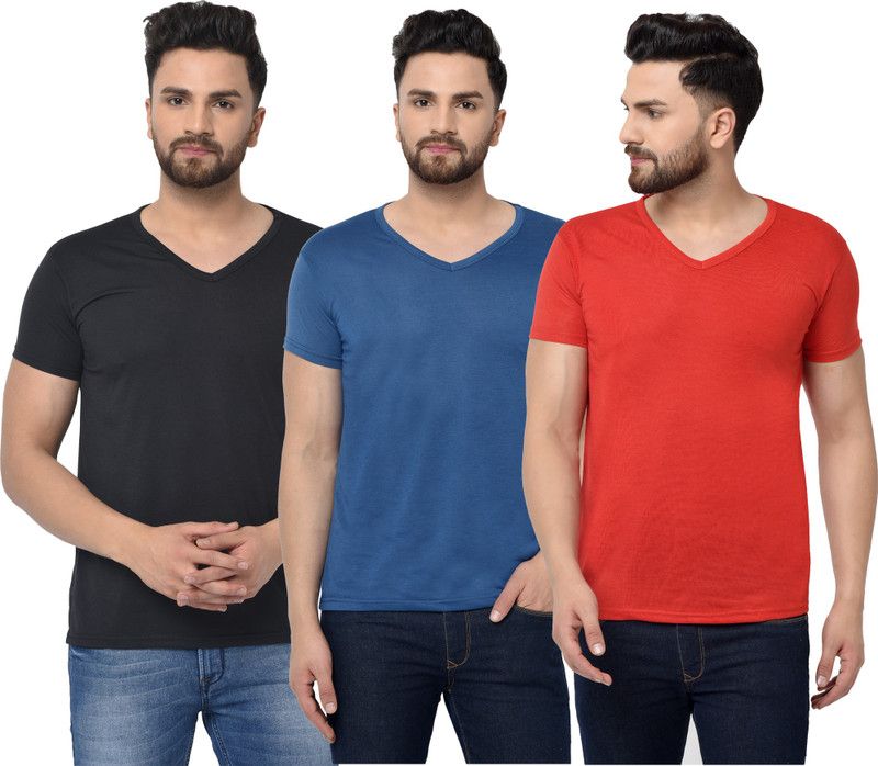 Pack of 3 V Neck T-Shirt Combo of 3 Men Solid V Neck Cotton Blend Red, Blue, Black T-Shirt