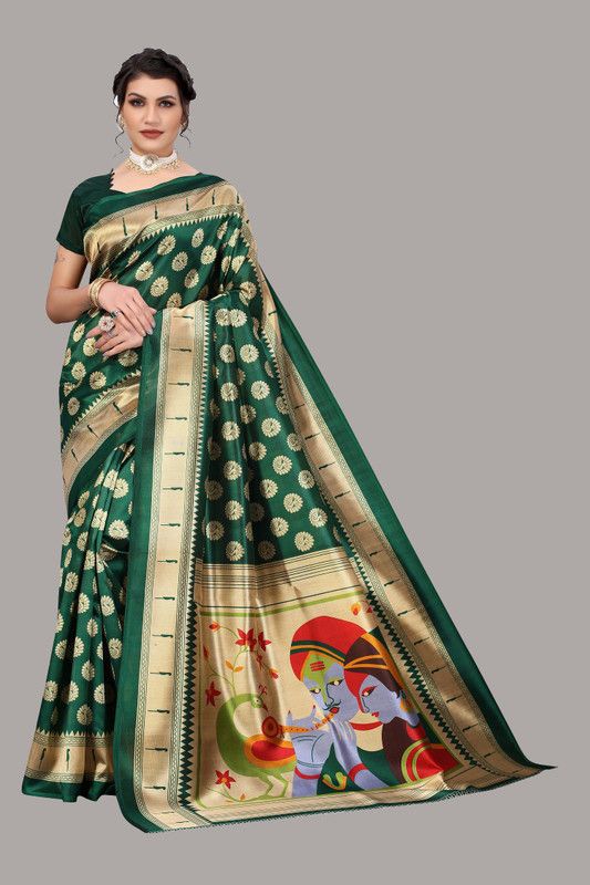 Printed Madhubani Art Silk Saree  (Dark Green)