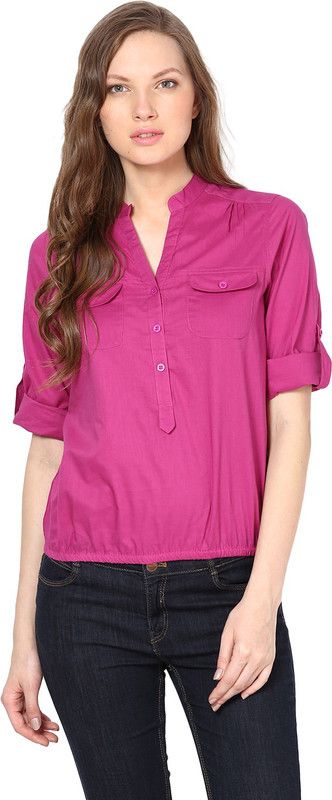 Casual Roll Up Sleeves Solid Women Purple Top