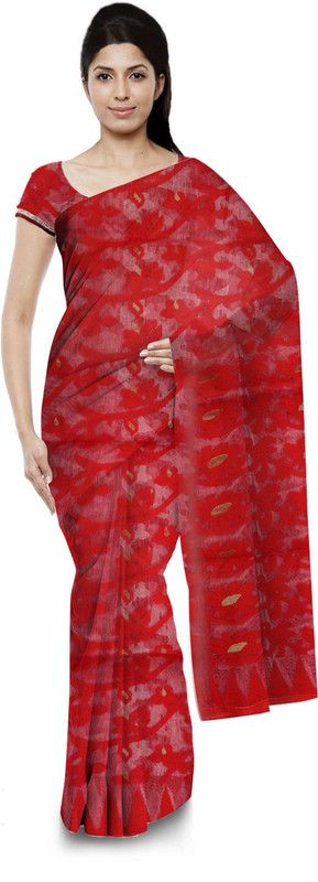 Hand Painted Jamdani Pure Cotton Saree  (Red)