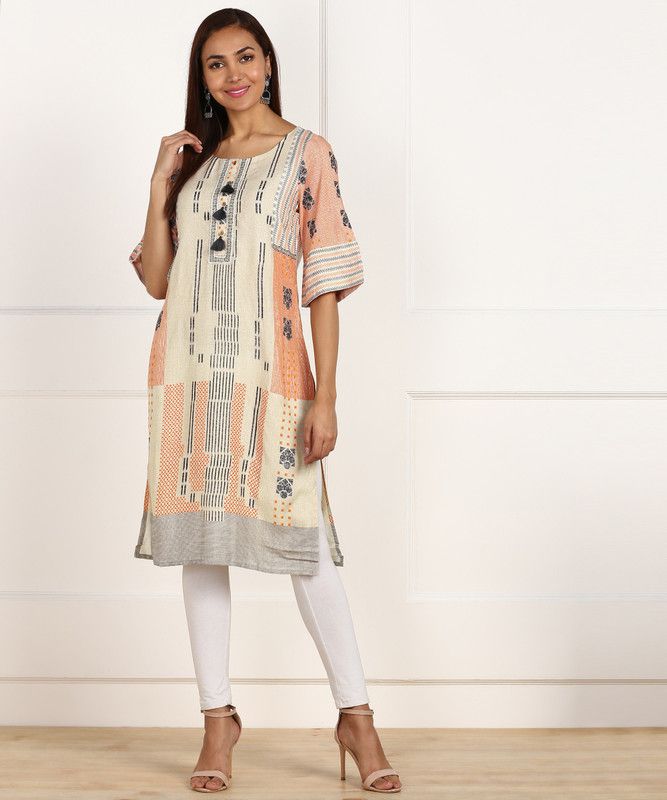 Women Printed Viscose Rayon Straight Kurta  (Orange, Beige)
