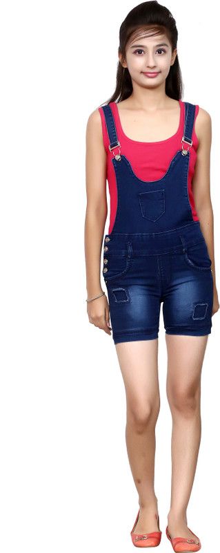 Dungaree For Girls Casual Solid Denim  (Blue, Pack of 1)