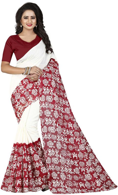 Printed Handloom Art Silk Saree  (White)