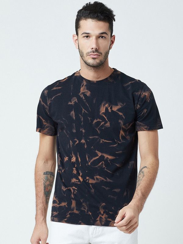 Men Tie & Dye Round Neck Pure Cotton Brown, Black T-Shirt