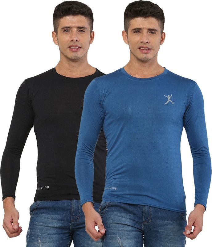Pack of 2 Men Solid Round Neck Elastane Light Blue, Black T-Shirt