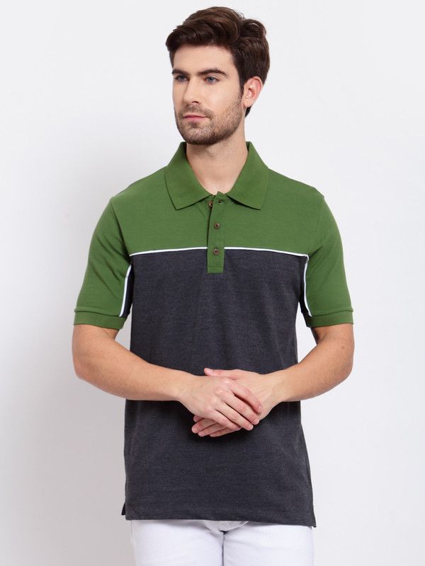 Men Colorblock Polo Neck Cotton Blend Green, Grey T-Shirt