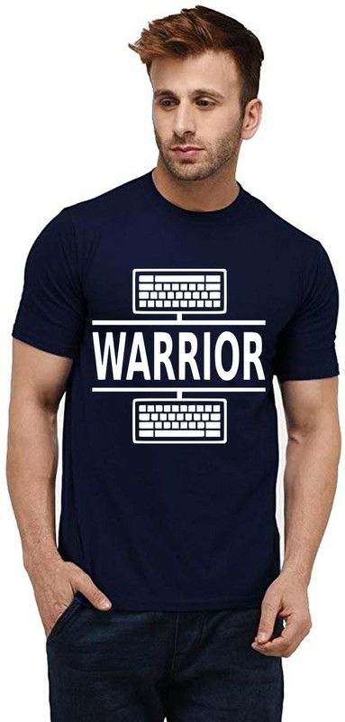 Warrior Men Graphic Print Round Neck Pure Cotton Dark Blue T-Shirt