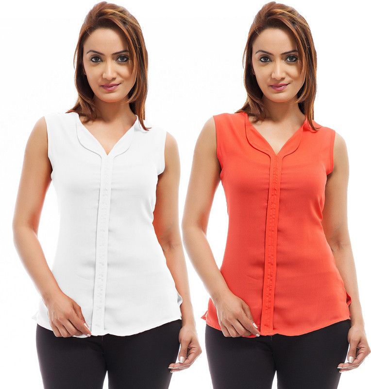 Pack of 2 Casual Sleeveless Solid Women White, Orange Top