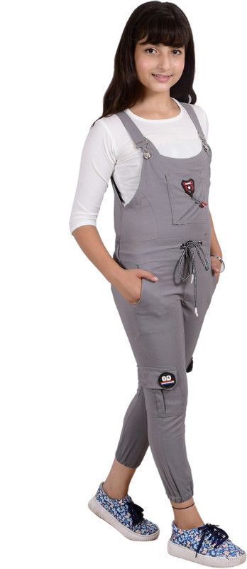 Dungaree For Girls Party Solid Cotton Lycra Blend  (Grey, Pack of 1)