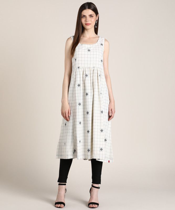 Women Printed, Checkered Pure Cotton Flared Kurta  (White)