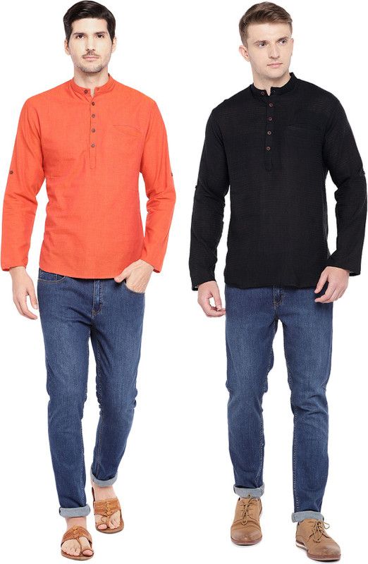 Pack of 2 Men Solid Pure Cotton Straight Kurta  (Black, Orange)
