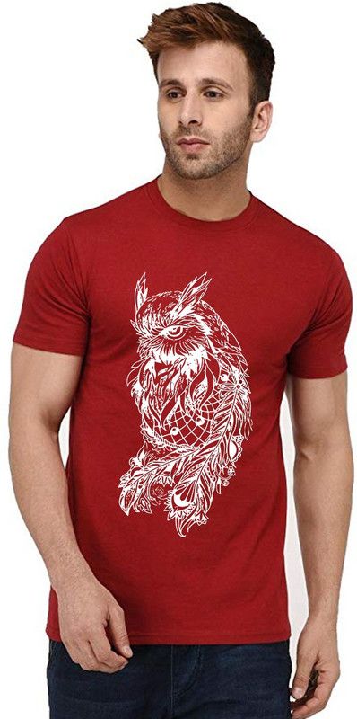 Owl Dream Catcher Men Graphic Print Round Neck Pure Cotton Maroon T-Shirt