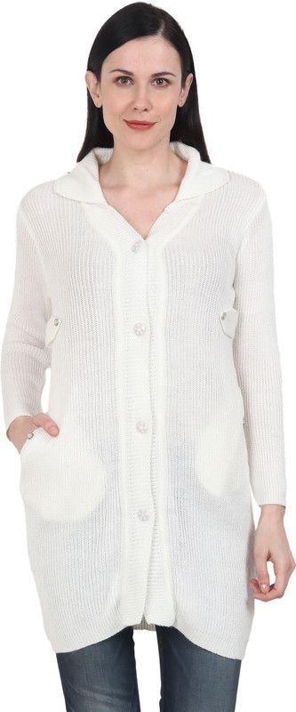 Women Solid Collared Neck White Sweater