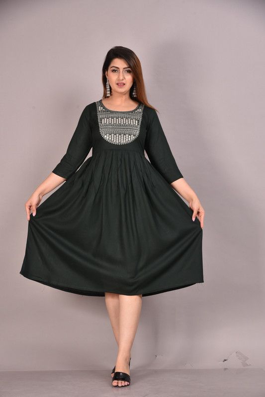 Women Embroidered Viscose Rayon Ethnic Dress  (Green)