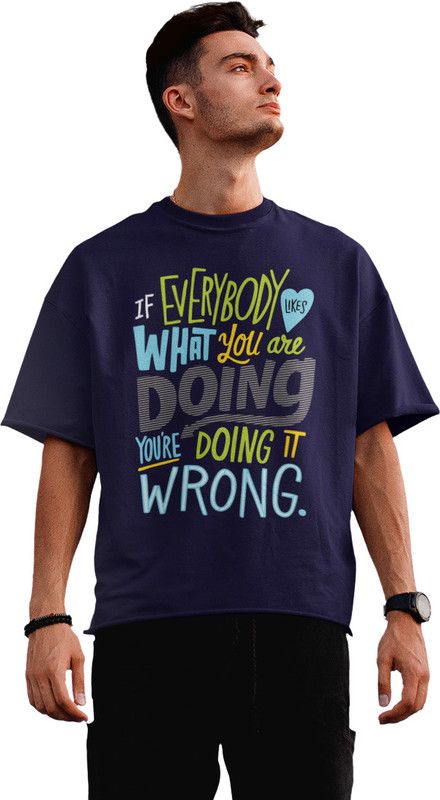 Men Graphic Print Round Neck Organic Cotton Navy Blue T-Shirt