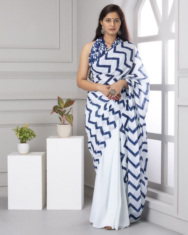 Blocked Printed Daily Wear Pure Cotton Saree  (Blue)