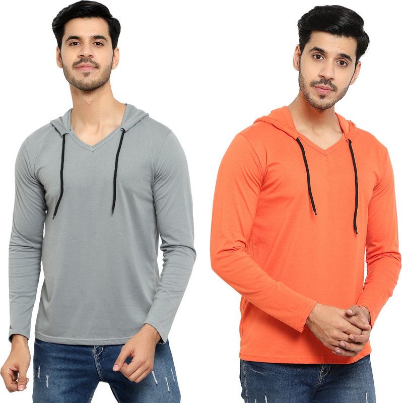 Pack of 2 Men Solid Hooded Neck Cotton Blend Silver, Orange T-Shirt