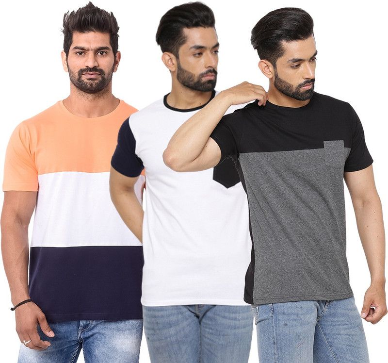 Pack of 3 Men Colorblock Round Neck Pure Cotton Multicolor T-Shirt
