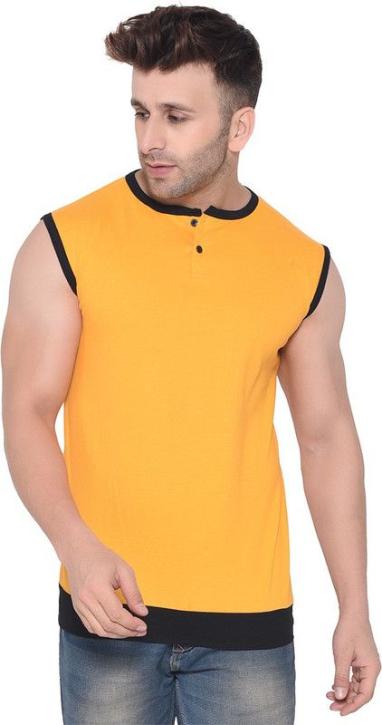 Men Colorblock Henley Neck Cotton Blend Black, Yellow T-Shirt