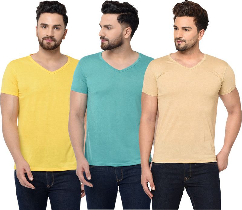 Pack of 3 V neck Combo T-shirts Multicolor Men Solid V Neck Cotton Blend Beige, Light Green, Yellow T-Shirt