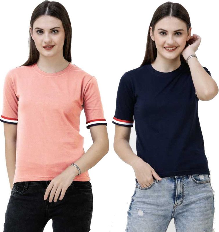 Pack of 2 Women Solid Round Neck Cotton Blend Blue, Pink T-Shirt