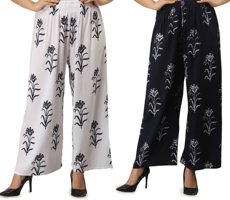 Pack of 2 Women Relaxed Blue, White Cotton Blend Trousers