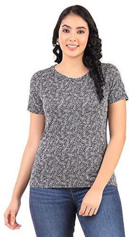 Womens's Floral Round Neck T-Shirt Women Printed Round Neck Linen Blend Black T-Shirt
