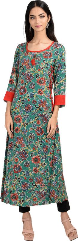 Women Printed Cotton Rayon A-line Kurta  (Red, Green, Blue)